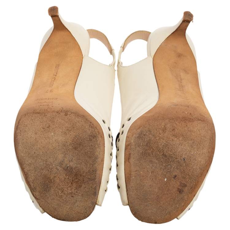 Pre Owned Manolo Blahnik Off-White Leather Open-Toe Slingback Sandals Size 37