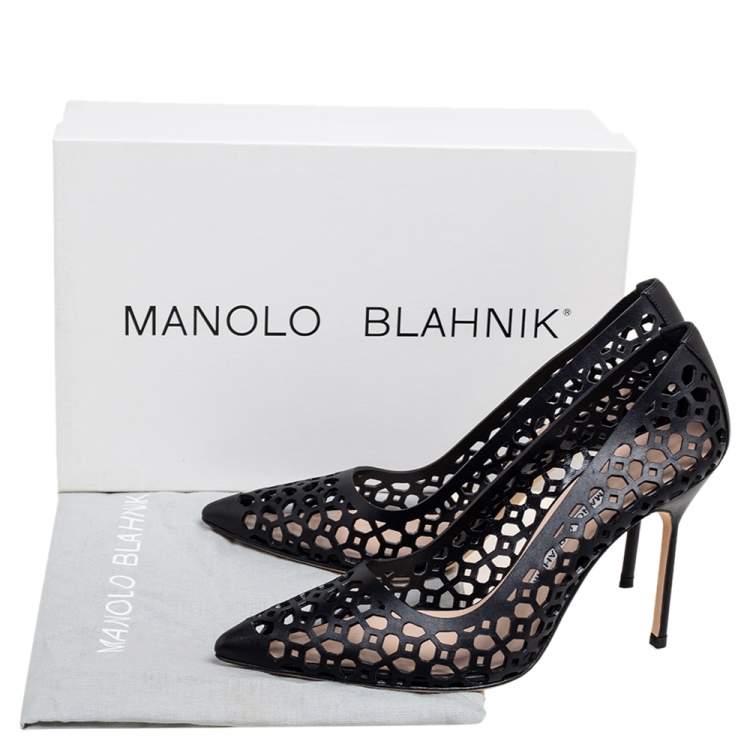 Pre Owned Manolo Blahnik Black Laser Cut Leather BB Laserato Pumps Size 37