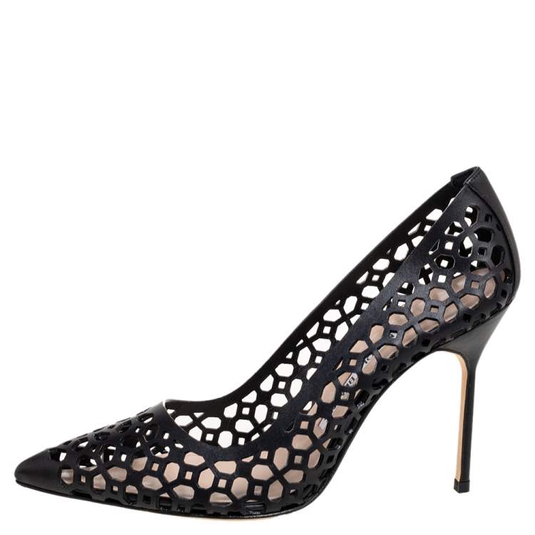 Pre Owned Manolo Blahnik Black Laser Cut Leather BB Laserato Pumps Size 37