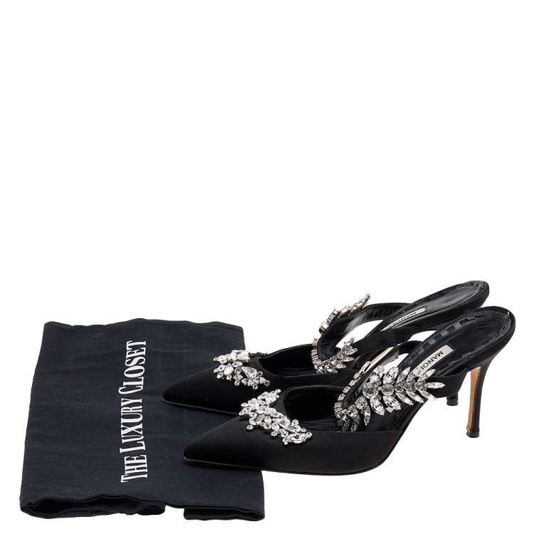 Pre Owned Manolo Blahnik Black Satin Crystal Embellished Lurum Sandals Size 37.5