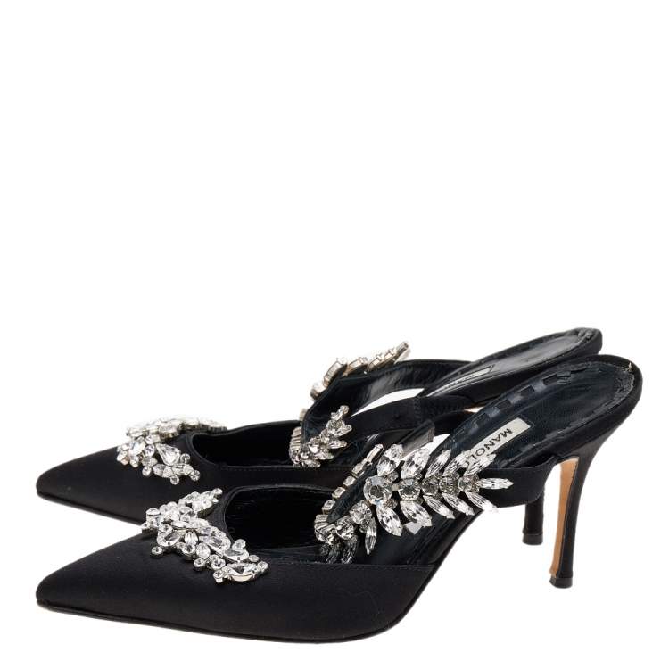 Pre Owned Manolo Blahnik Black Satin Crystal Embellished Lurum Sandals Size 37.5