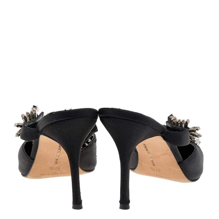 Pre Owned Manolo Blahnik Black Satin Crystal Embellished Lurum Sandals Size 37.5