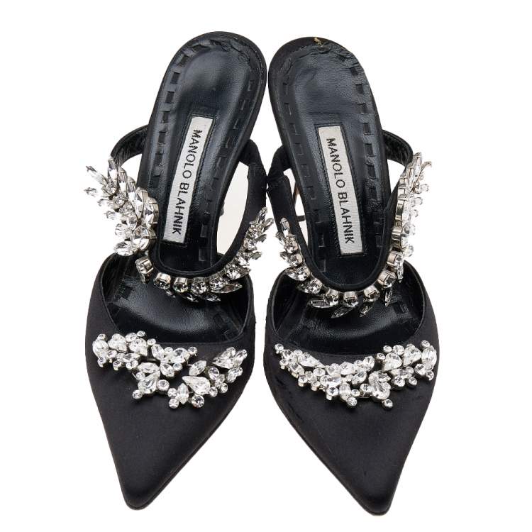 Pre Owned Manolo Blahnik Black Satin Crystal Embellished Lurum Sandals Size 37.5