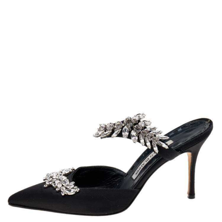 Pre Owned Manolo Blahnik Black Satin Crystal Embellished Lurum Sandals Size 37.5