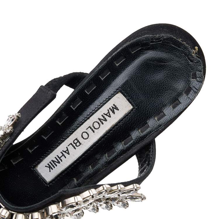 Pre Owned Manolo Blahnik Black Satin Crystal Embellished Lurum Sandals Size 37.5