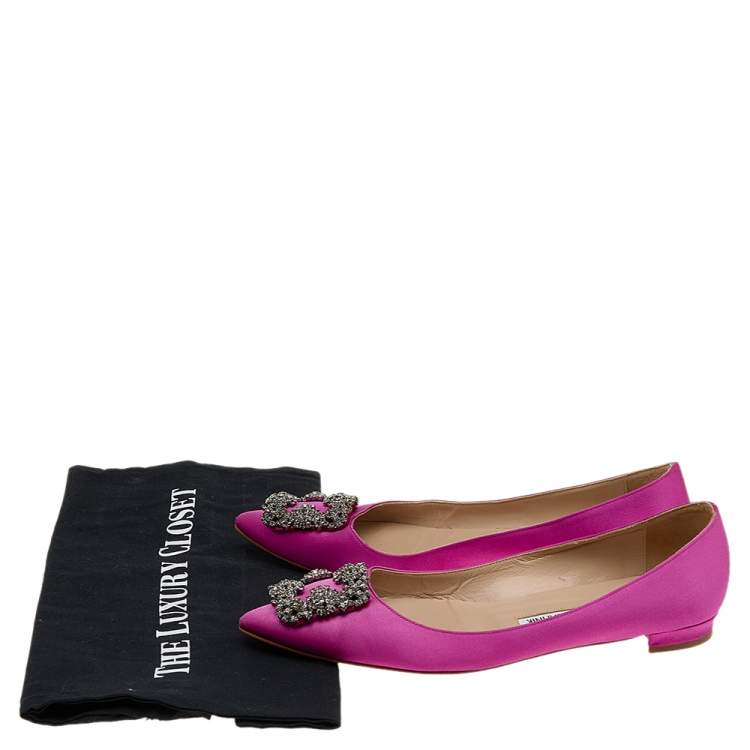 Pre Owned Manolo Blahnik Pink Satin Hangisi Ballet Flats Size 38