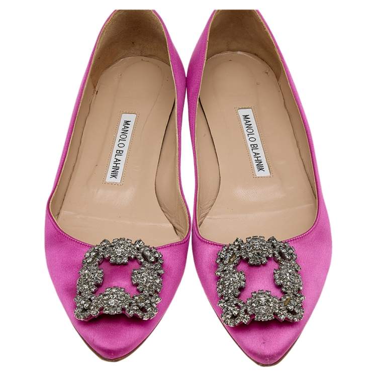 Pre Owned Manolo Blahnik Pink Satin Hangisi Ballet Flats Size 38