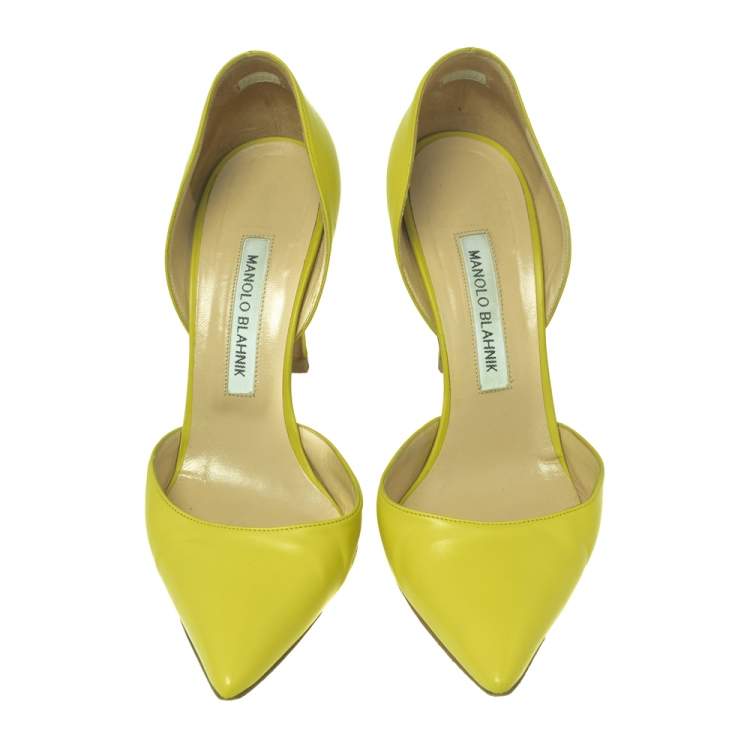 Pre Owned Manolo Blahnik Lime Yellow Leather Tayler D'orsay Pumps Size 39