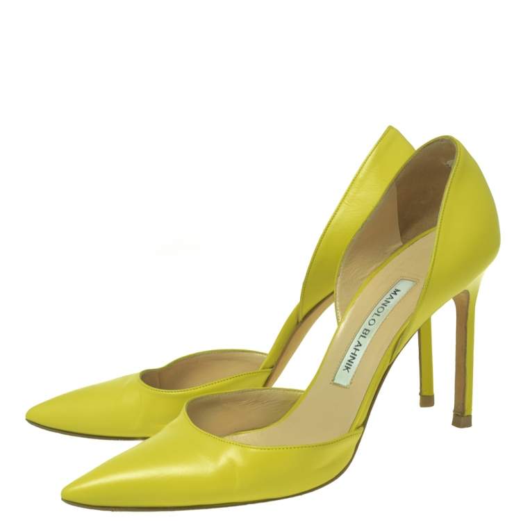 Pre Owned Manolo Blahnik Lime Yellow Leather Tayler D'orsay Pumps Size 39