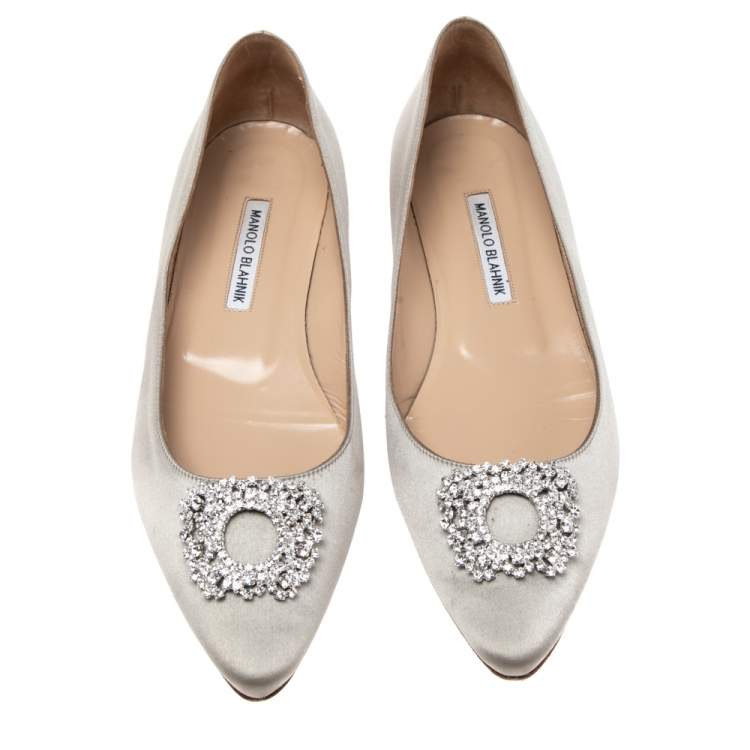 Pre Owned Manolo Blahnik  Grey Satin Hangisi Crystal Embellished Ballet Flats Size 40.5