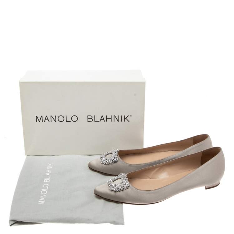 Pre Owned Manolo Blahnik  Grey Satin Hangisi Crystal Embellished Ballet Flats Size 40.5