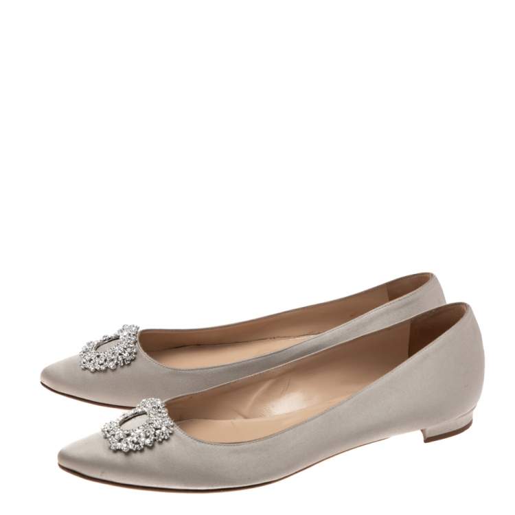 Pre Owned Manolo Blahnik  Grey Satin Hangisi Crystal Embellished Ballet Flats Size 40.5