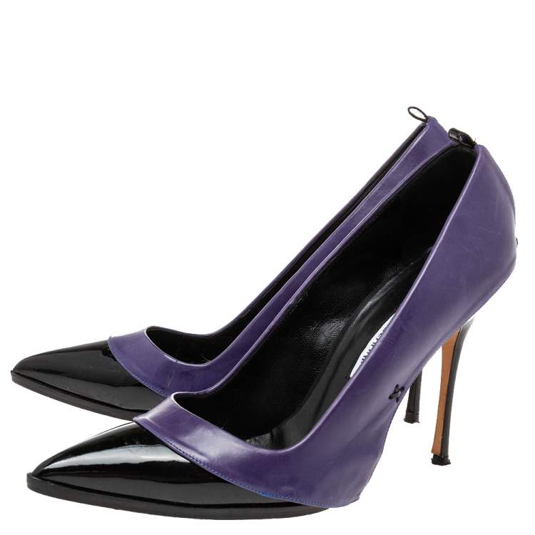 Pre Owned Manolo Blahnik  Purple/ Black Patent And Leather  Pointed Toe Pumps Size 39