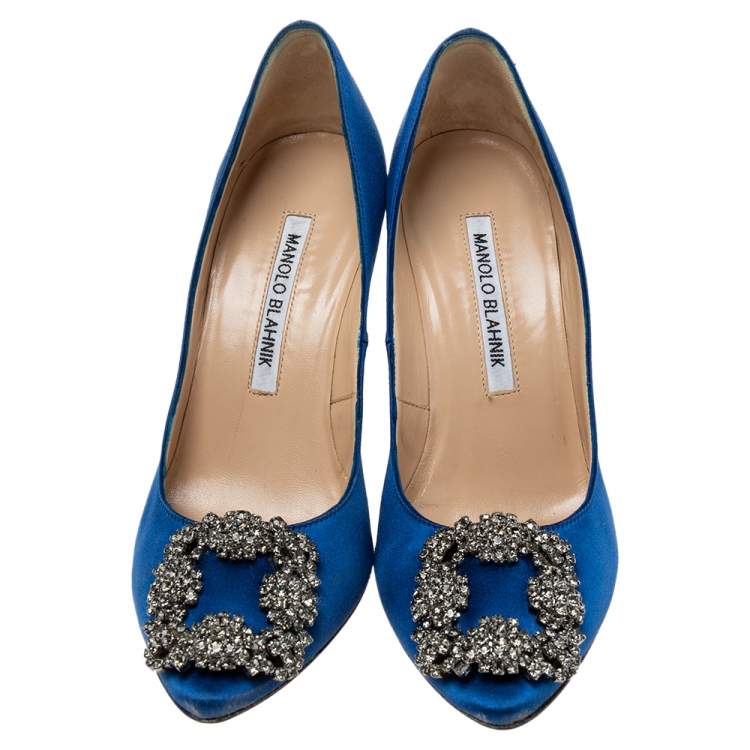 Pre Owned Manolo Blahnik Royal Blue Satin Hangisi Pumps Size 34.5 