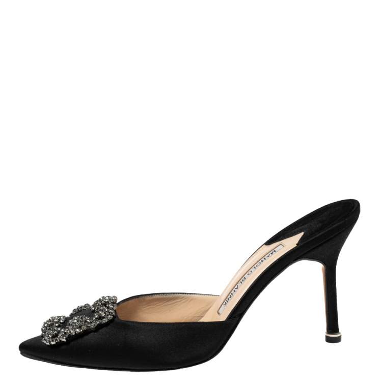Pre Owned Manolo Blahnik Black Satin Hangisi Pointed-Toe Mules Size 37