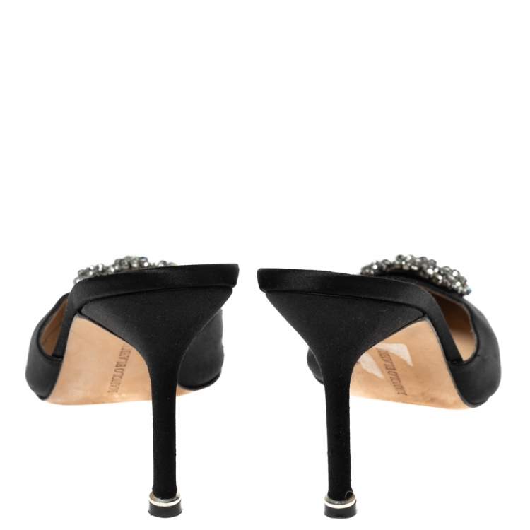 Pre Owned Manolo Blahnik Black Satin Hangisi Pointed-Toe Mules Size 37