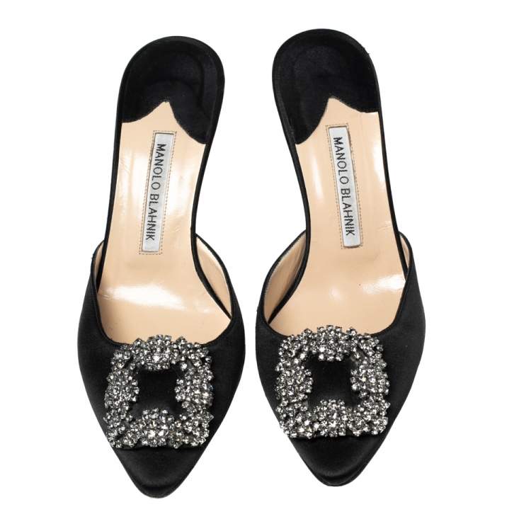 Pre Owned Manolo Blahnik Black Satin Hangisi Pointed-Toe Mules Size 37
