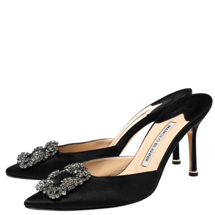Pre Owned Manolo Blahnik Black Satin Hangisi Pointed-Toe Mules Size 37