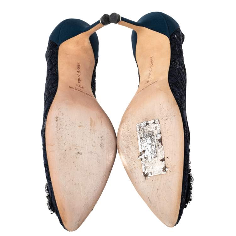 Pre Owned Manolo Blahnik Navy Blue Lace Hangisi Pumps Size 39.5