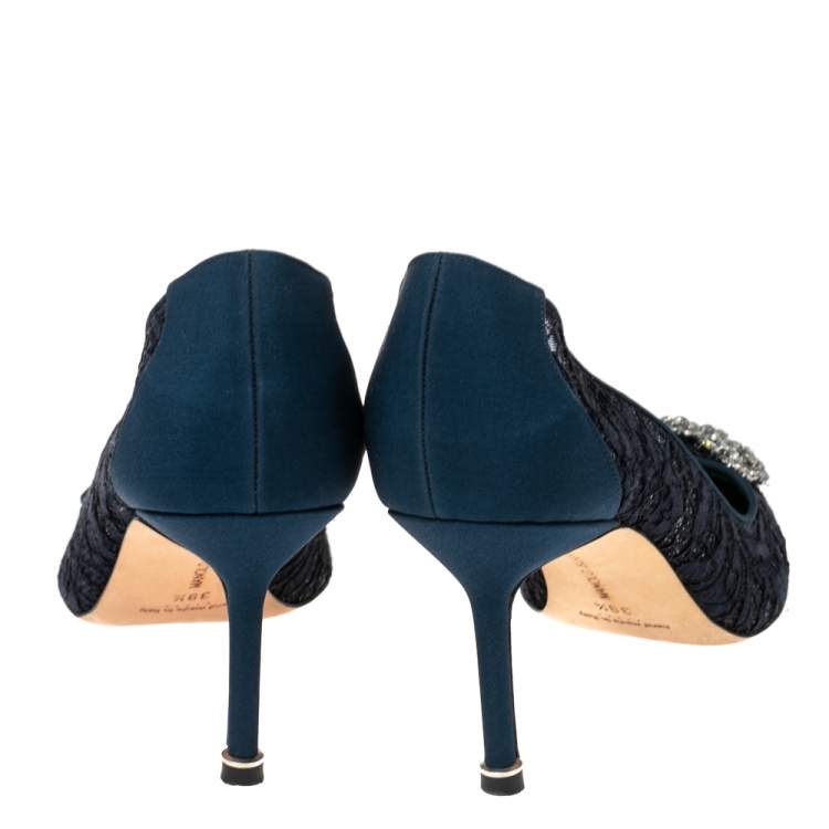 Pre Owned Manolo Blahnik Navy Blue Lace Hangisi Pumps Size 39.5