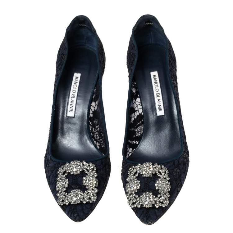 Pre Owned Manolo Blahnik Navy Blue Lace Hangisi Pumps Size 39.5