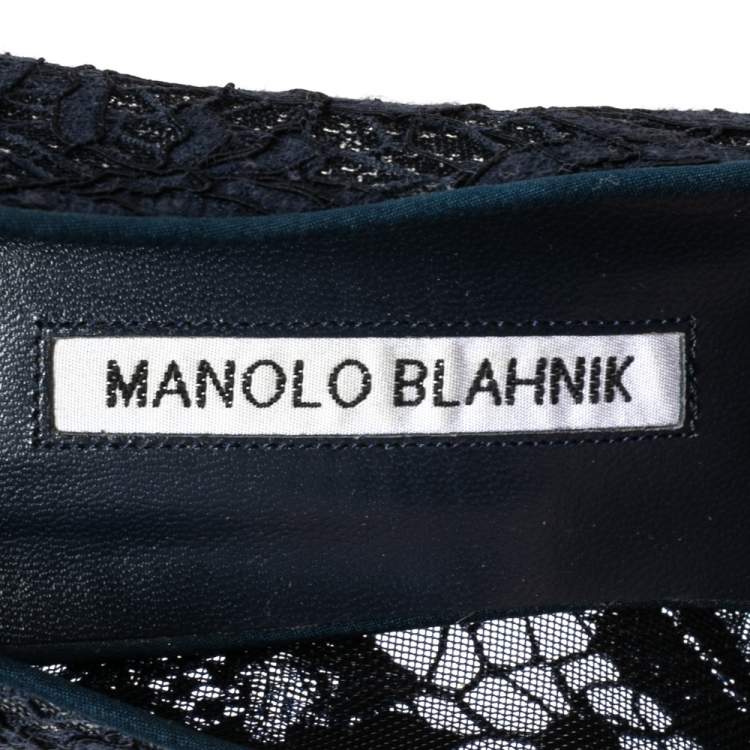 Pre Owned Manolo Blahnik Navy Blue Lace Hangisi Pumps Size 39.5
