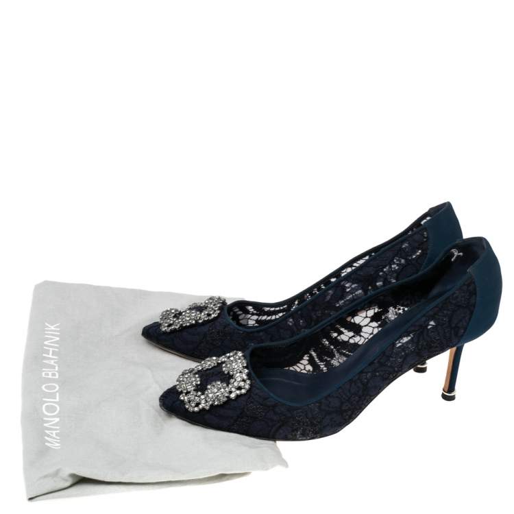 Pre Owned Manolo Blahnik Navy Blue Lace Hangisi Pumps Size 39.5
