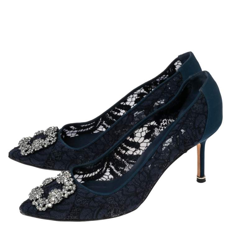 Pre Owned Manolo Blahnik Navy Blue Lace Hangisi Pumps Size 39.5