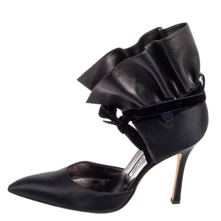 Pre Owned Manolo Blahnik Black Suede And Leather Petase Ankle Strap Pumps Size 38.5