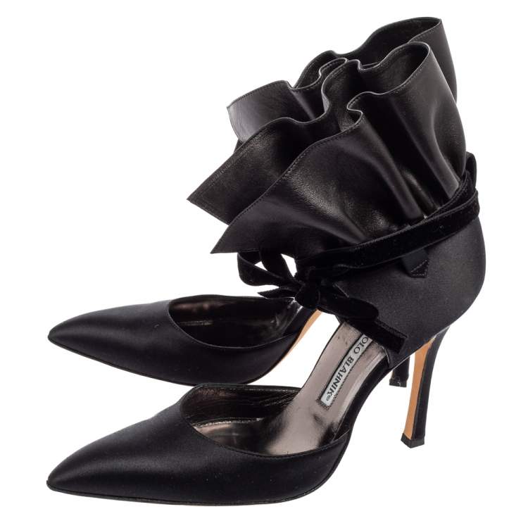 Pre Owned Manolo Blahnik Black Suede And Leather Petase Ankle Strap Pumps Size 38.5