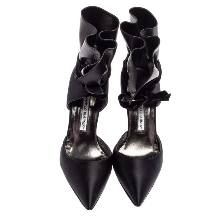 Pre Owned Manolo Blahnik Black Suede And Leather Petase Ankle Strap Pumps Size 38.5