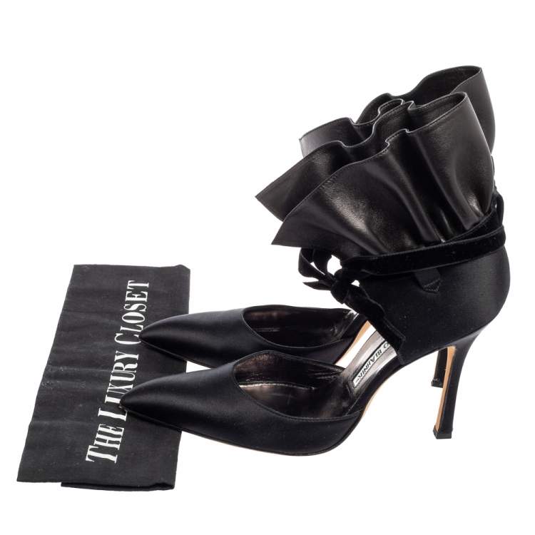 Pre Owned Manolo Blahnik Black Suede And Leather Petase Ankle Strap Pumps Size 38.5