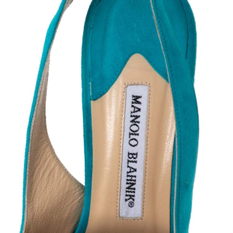Pre Owned Manolo Blahnik Aqua Blue Suede Slingback Peep-Toe Sandals Size 37