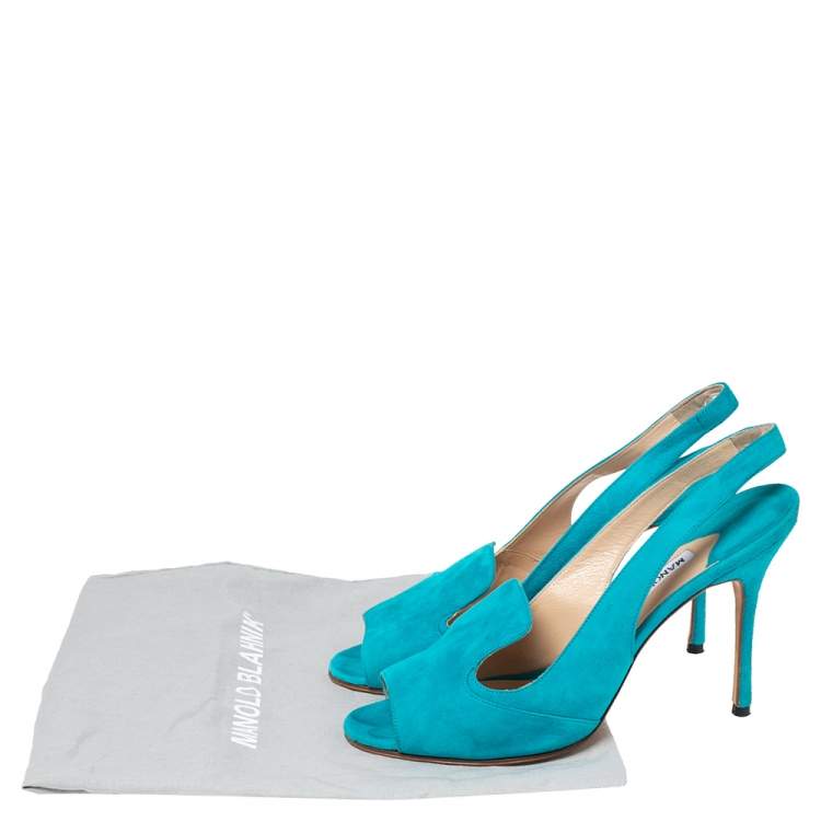 Pre Owned Manolo Blahnik Aqua Blue Suede Slingback Peep-Toe Sandals Size 37