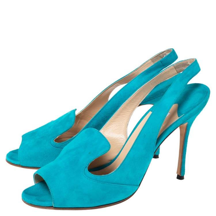 Pre Owned Manolo Blahnik Aqua Blue Suede Slingback Peep-Toe Sandals Size 37