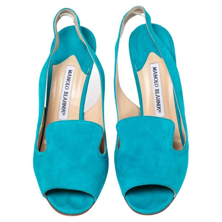 Pre Owned Manolo Blahnik Aqua Blue Suede Slingback Peep-Toe Sandals Size 37