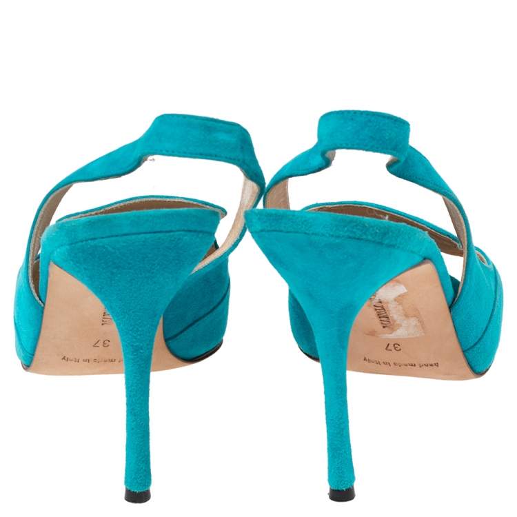 Pre Owned Manolo Blahnik Aqua Blue Suede Slingback Peep-Toe Sandals Size 37