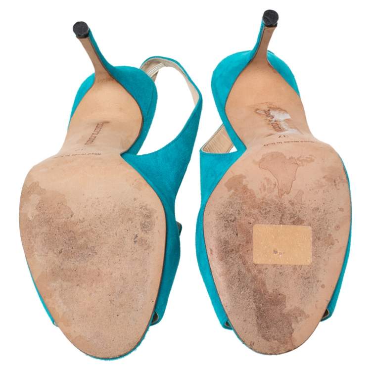 Pre Owned Manolo Blahnik Aqua Blue Suede Slingback Peep-Toe Sandals Size 37