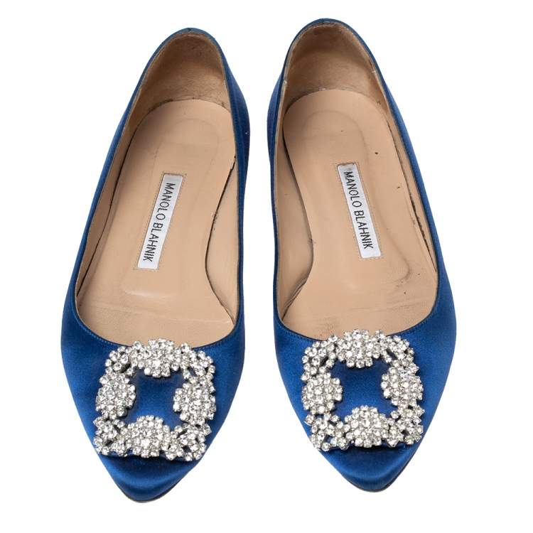 Pre Owned Manolo Blahnik Royal Blue Satin Hangisi Ballet Flats Size 36