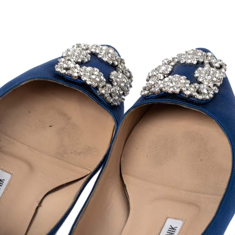 Pre Owned Manolo Blahnik Royal Blue Satin Hangisi Ballet Flats Size 36