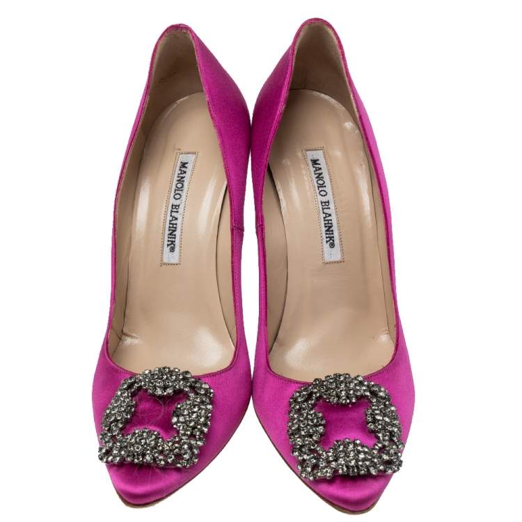 Pre Owned Manolo Blahnik Fuchsia Satin Hangisi  Pumps Size 38.5