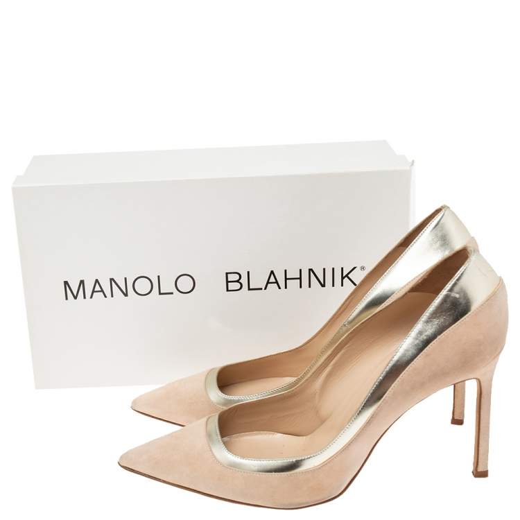 Pre Owned Manolo Blahnik Pale Pink/Gold Suede And Leather Pointed Toe Pumps Size 39