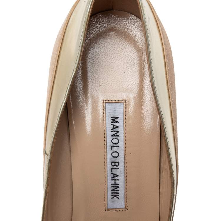 Pre Owned Manolo Blahnik Pale Pink/Gold Suede And Leather Pointed Toe Pumps Size 39