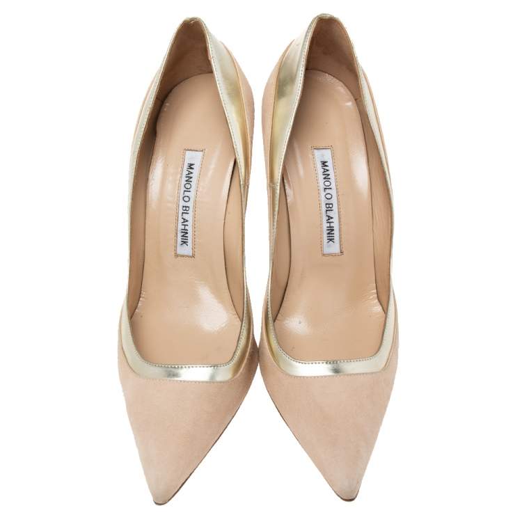 Pre Owned Manolo Blahnik Pale Pink/Gold Suede And Leather Pointed Toe Pumps Size 39