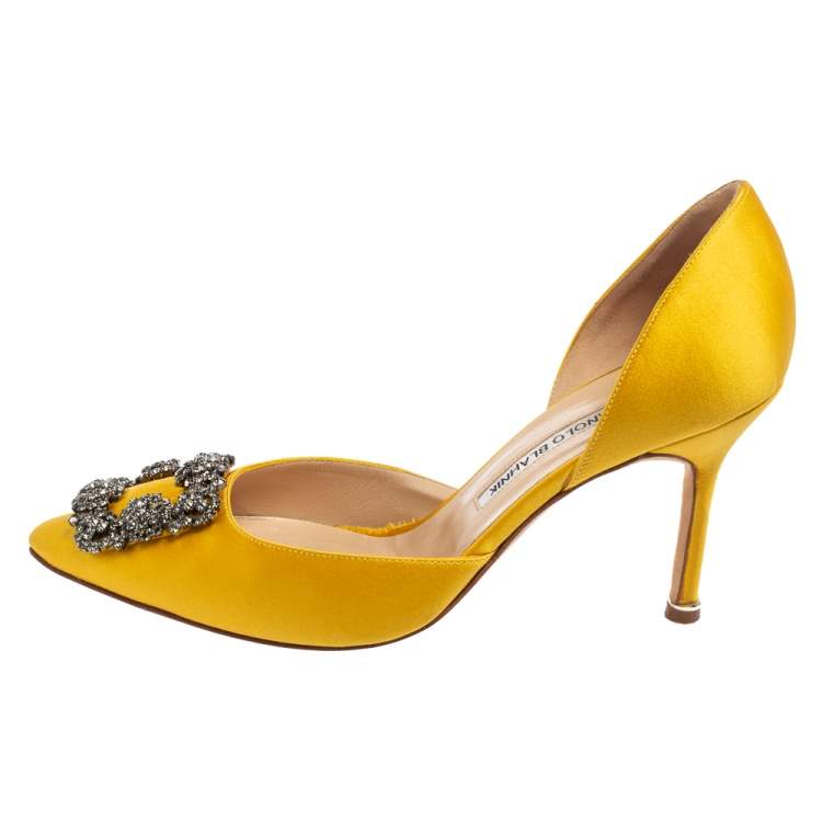 Pre Owned Manolo Blahnik Yellow Satin Hangisi D'Orsay Pumps Size 38
