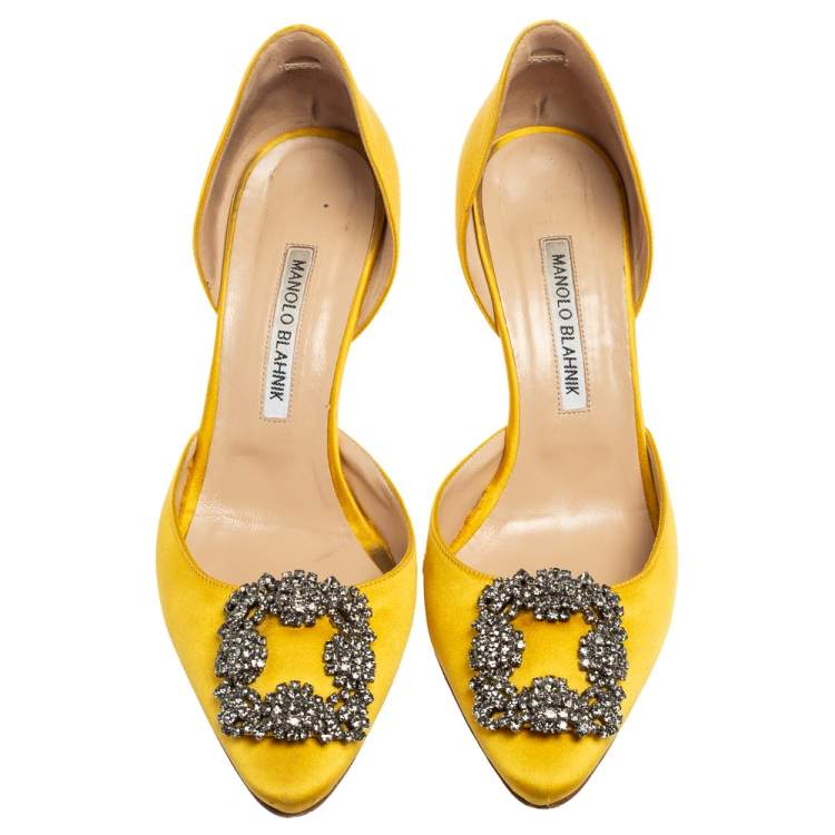 Pre Owned Manolo Blahnik Yellow Satin Hangisi D'Orsay Pumps Size 38