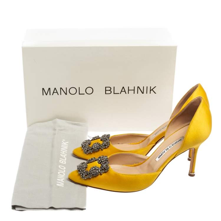 Pre Owned Manolo Blahnik Yellow Satin Hangisi D'Orsay Pumps Size 38