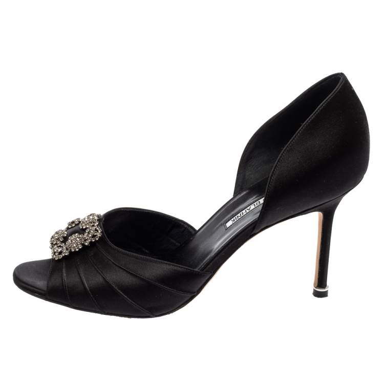 Pre Owned Manolo Blahnik Black Pleated Satin Cassiado D'orsay Sandals Size 41