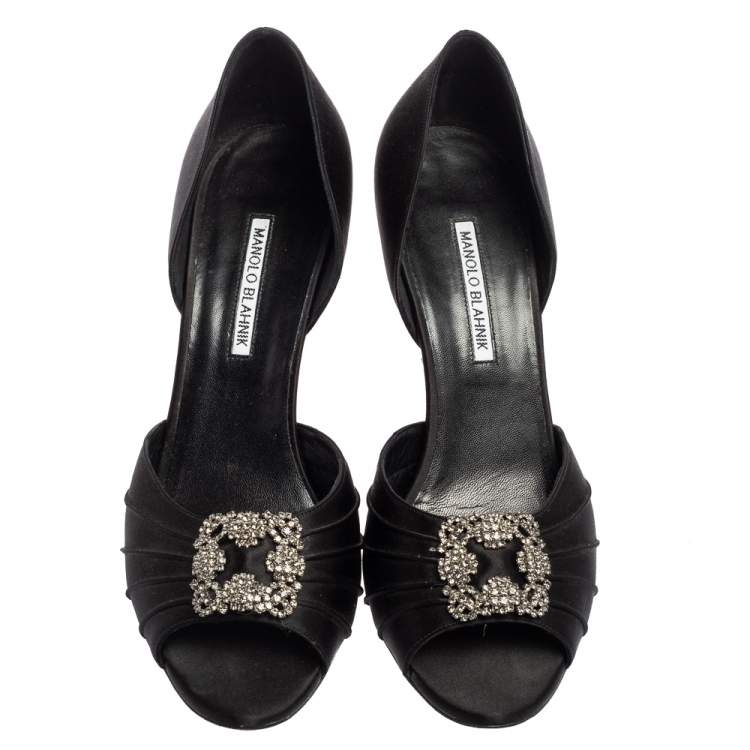 Pre Owned Manolo Blahnik Black Pleated Satin Cassiado D'orsay Sandals Size 41
