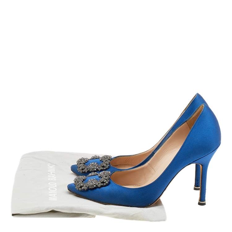 Pre Owned Manolo Blahnik Blue Satin Hangisi Embellished Pumps Size 36